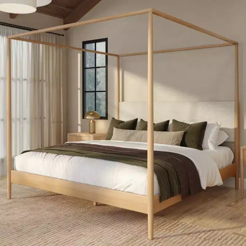 Letto a baldacchino Harbor King con testiera imbottita, biondo/Swiss Coffee (MD2411-01)