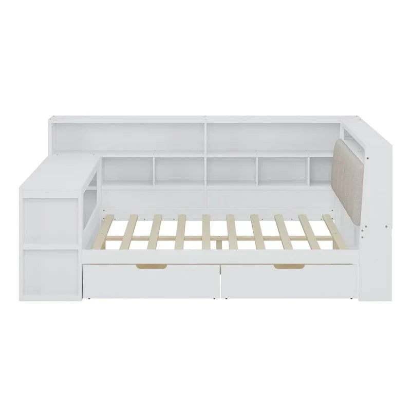 Divano Letto a "L" in Legno con Scrivania, Mobile Libreria, Letto Angolare con Cassetti Sottostanti, Testiera Imbottita con Luce Integrata