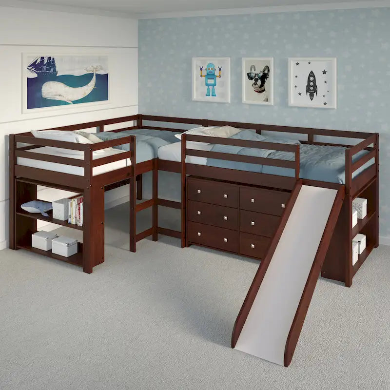 Set camera da letto a soppalco con scivolo a L, doppia matrimoniale, color cappuccino scuro