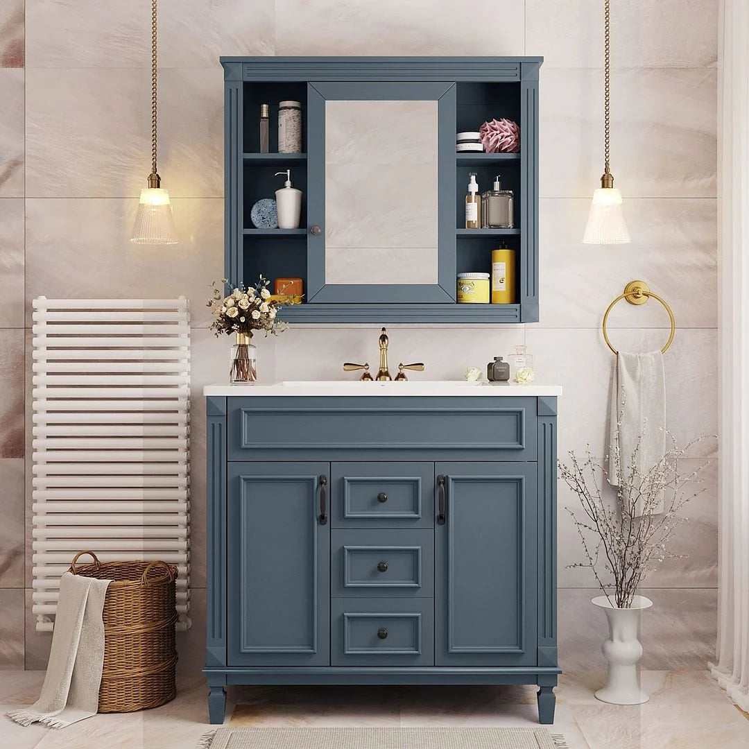 Meuble-lavabo de salle de bain moderne de 91 cm avec lavabo et armoire de toilette, 2 portes et 2 tiroirs
