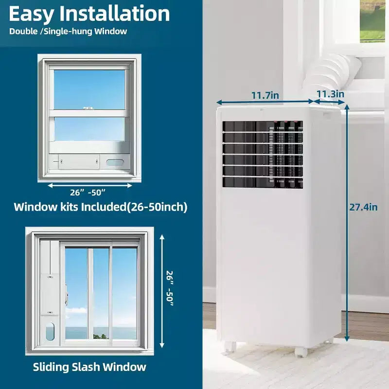 Condizionatore d'aria portatile da 8.000 BTU - 3-in-1 Raffreddamento, Deumidificatore e Ventilatore per ambienti fino a 32,5 mq con Modalità Sleep e 1 Anno di Garanzia