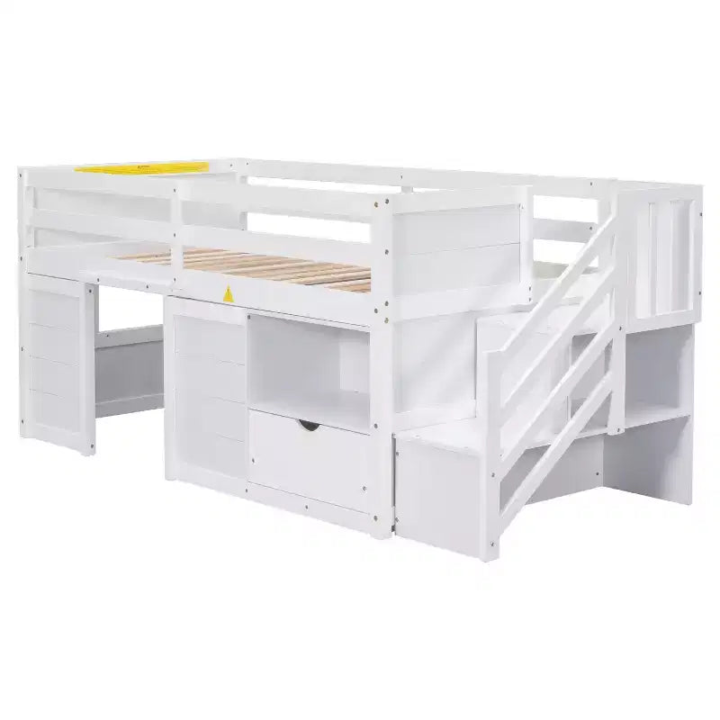 Letto a soppalco basso in legno massiccio, piazza e mezza, 94.6L x 42.3W, con scala, cassetto e mensola, design moderno e pulito