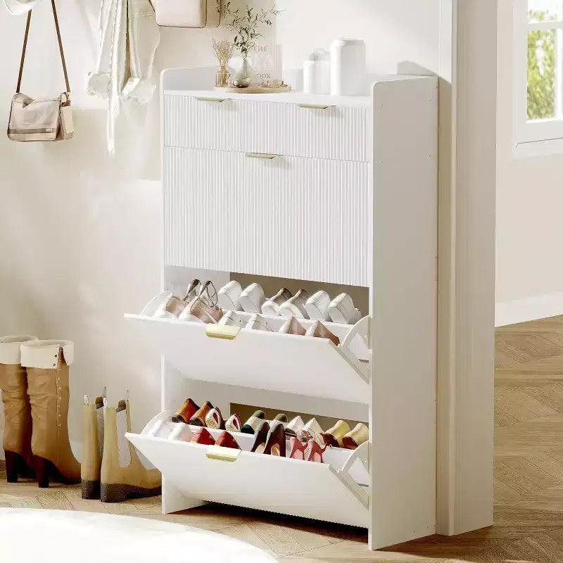 Moderna scarpiera bianca con 3 cassetti a ribalta e 2 cassetti piccoli e gancio, porta scarpe sottile scanalato, mobile stretto per ingresso
