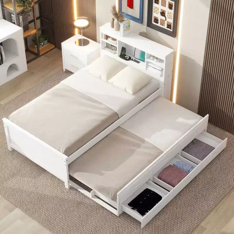 Letto a piattaforma con letto estraibile e cassetti, Letto a piattaforma contenitore con USB, Letto a piattaforma in legno con libreria