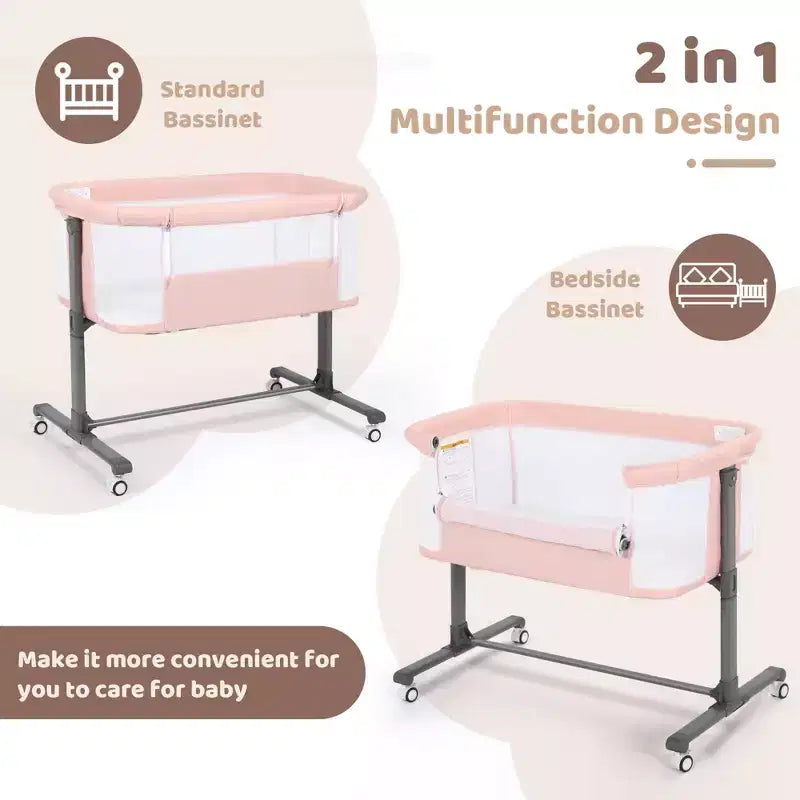 Culla Neonato con Ruote – Beige / Grigio / Rosa, Culla Fianco Letto, per 1 Neonato