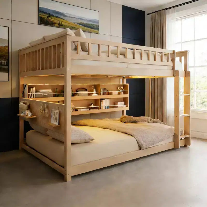 Luxystar Letto a castello moderno a due piazze con contenitore, mensole illuminate e pannello forato