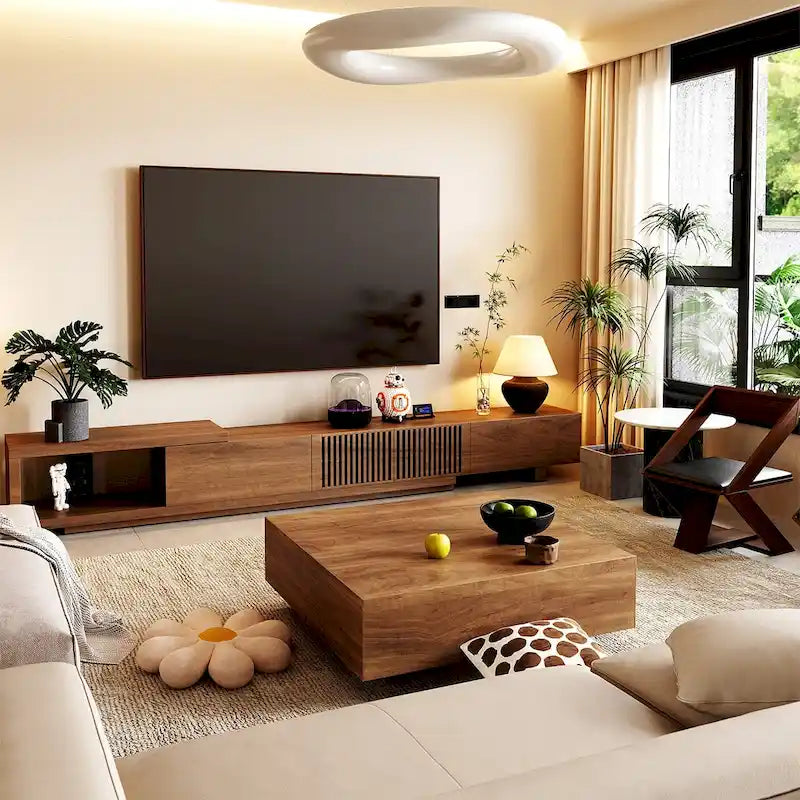 Mobile TV moderno allungabile e retrattile con 4 cassetti, fino a 261 cm - 78,54P x 15,74L x 13,78A