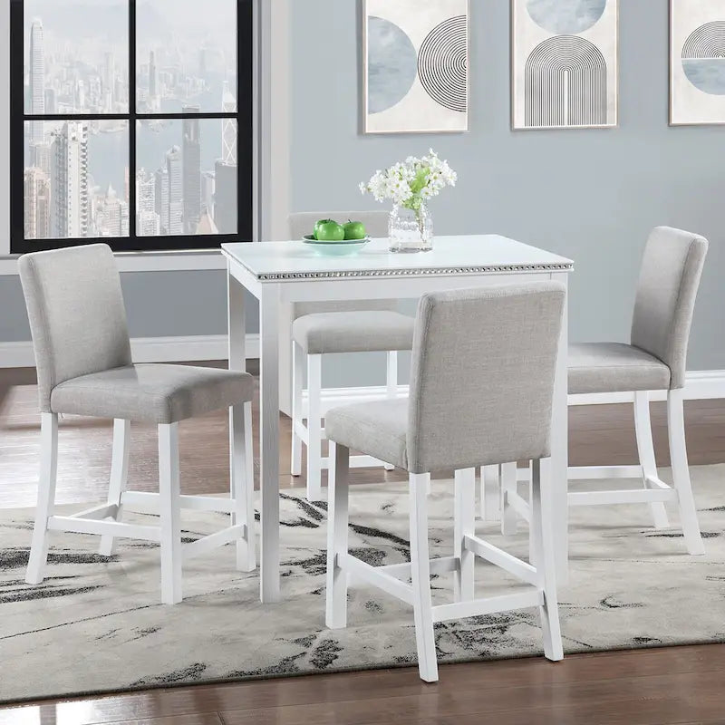 Set da pranzo moderno di 5 pezzi con tavolo quadrato ad altezza bancone e 4 sedie imbottite