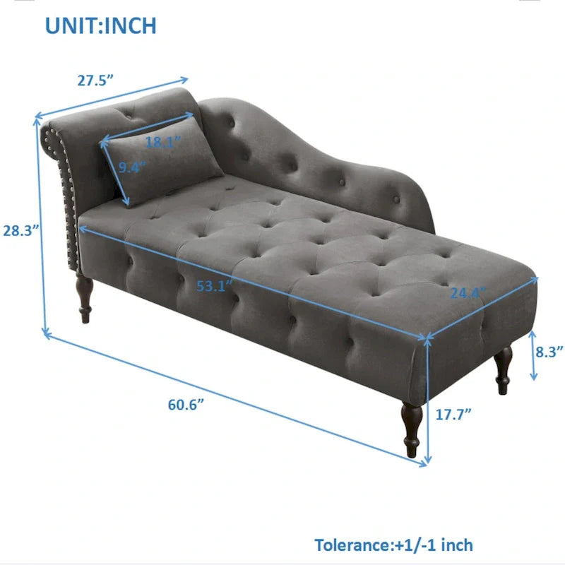 Moderna poltrona a sdraio imbottita in velluto da 60,6" con bottoni capitonné, gambe in legno massello e borchie