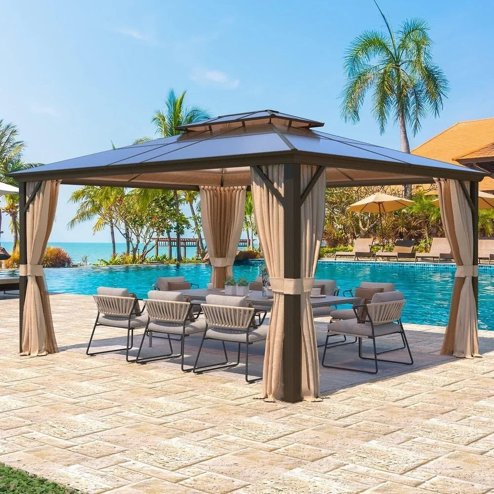 EROMMY Gazebo a tetto rigido, Pergola da esterno con doppio tetto, zanzariere e tende, Tenda da sole resistente per patio, cortile, feste in piscina