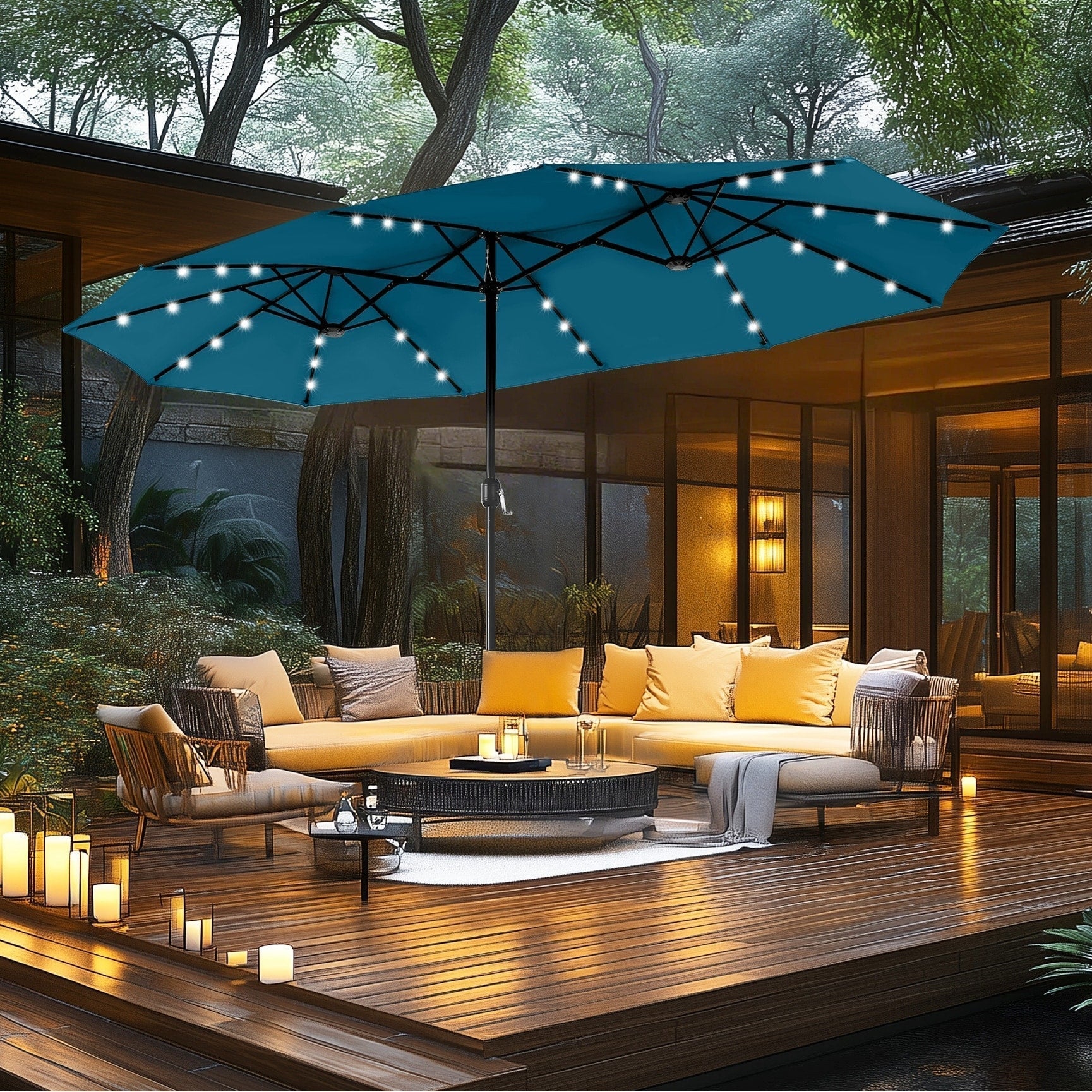 MAISON ARTS Ombrellone rettangolare da esterno a manovella con doppia falda da 4,5 metri, con luci a LED solari e base inclusa