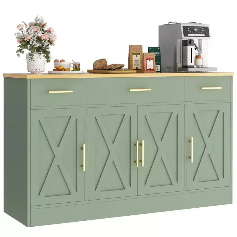 Mobile Buffet Celebalcony con Contenitore, Grande Mobile Contenitore da Cucina da 53,4 pollici con 3 Cassetti e 4 Ante, Ripiano Regolabile per Cucina, Soggiorno