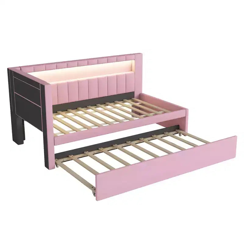 Letto da Giorno Twin/Full con Letto Estraibile e Testiera a Libreria a L, Letto Angolare Imbottito in Lino con Ripiani Portaoggetti e Cinghia a LED