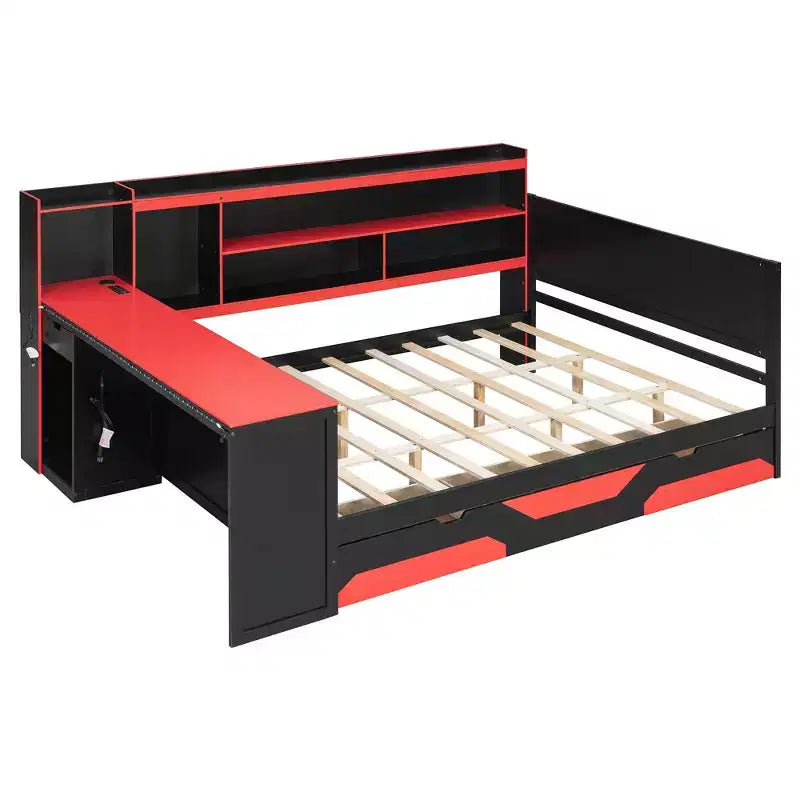 Daybed da gioco completo/queen size con testiera libreria, luci LED, scrivania integrata, cassetti e stazione di ricarica