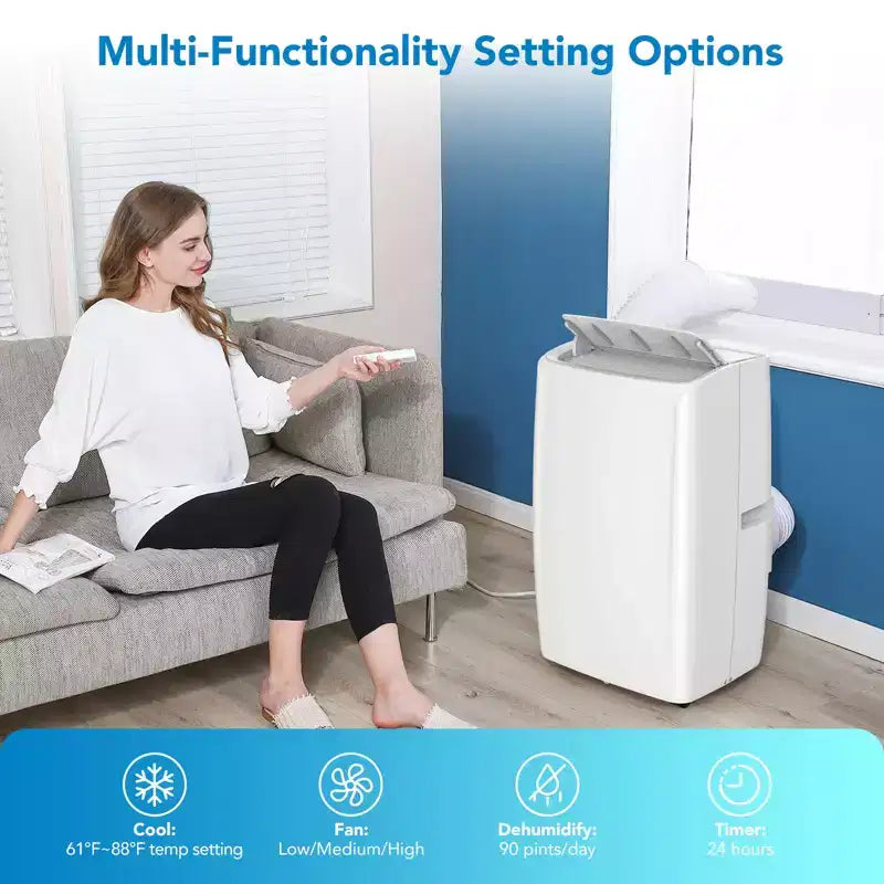 Condizionatore portatile da 10000 BTU, climatizzatore domestico con telecomando per ambienti fino a 42 mq, funzioni 3-in-1/timer 24 ore/ruote piroettanti