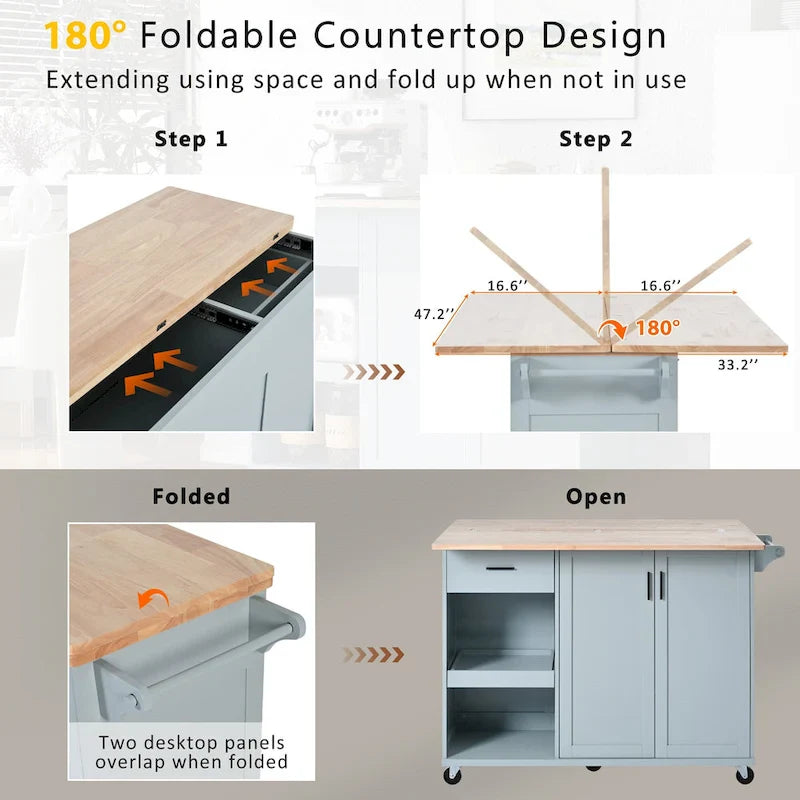 Isola da cucina con piano pieghevole, carrello da cucina con ripiano estraibile, portasciugamani e cassetto, ruote girevoli