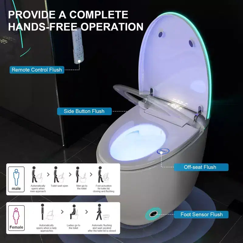 Vaso Bidet Intelligente con Coperchio e Sedile ad Apertura/Chiusura Automatica, Scarico con Sensore a Piede, Senza Serbatoio Monoblocco Allungato, Sedile Riscaldato