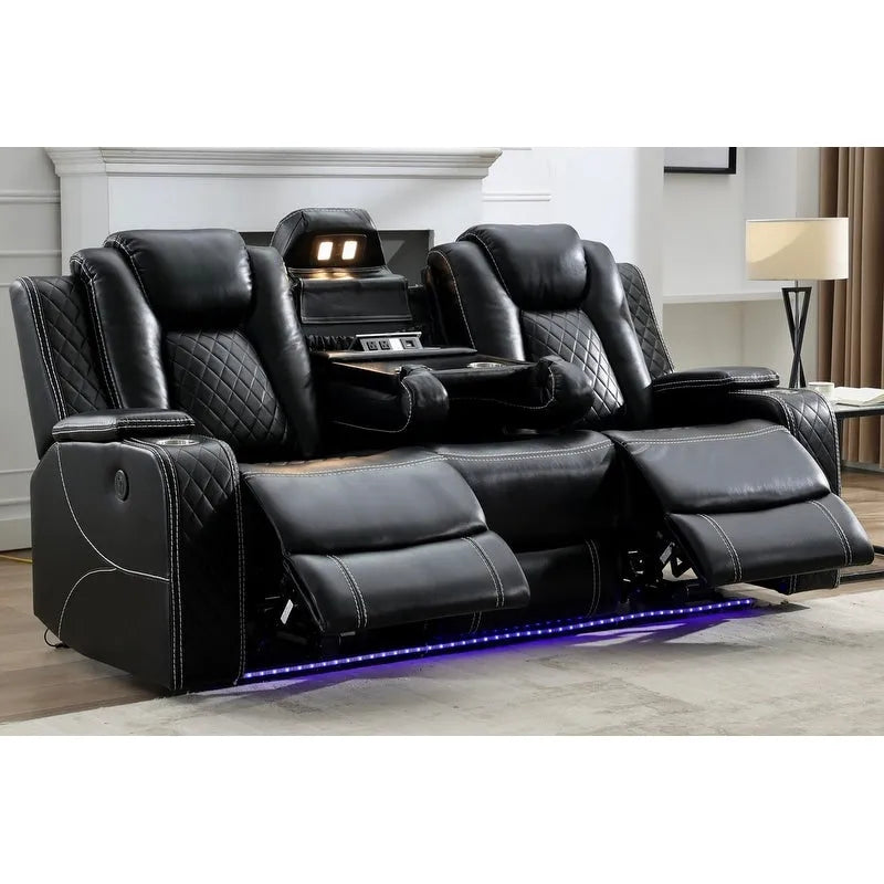 Divano Reclinabile Elettrico con Caricatore Wireless, Luce da Lettura per Soggiorno, Luce LED in Similpelle, Porta AC/USB, Portabicchieri, Nero