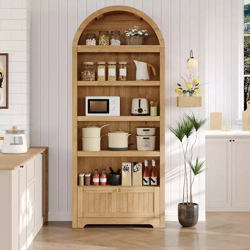 Bibliothèque arquée de 72 po avec tiroir de rangement, armoire de présentation moderne en bois à 6 niveaux avec étagères ouvertes et tiroir inférieur, porte d'armoire incurvée
