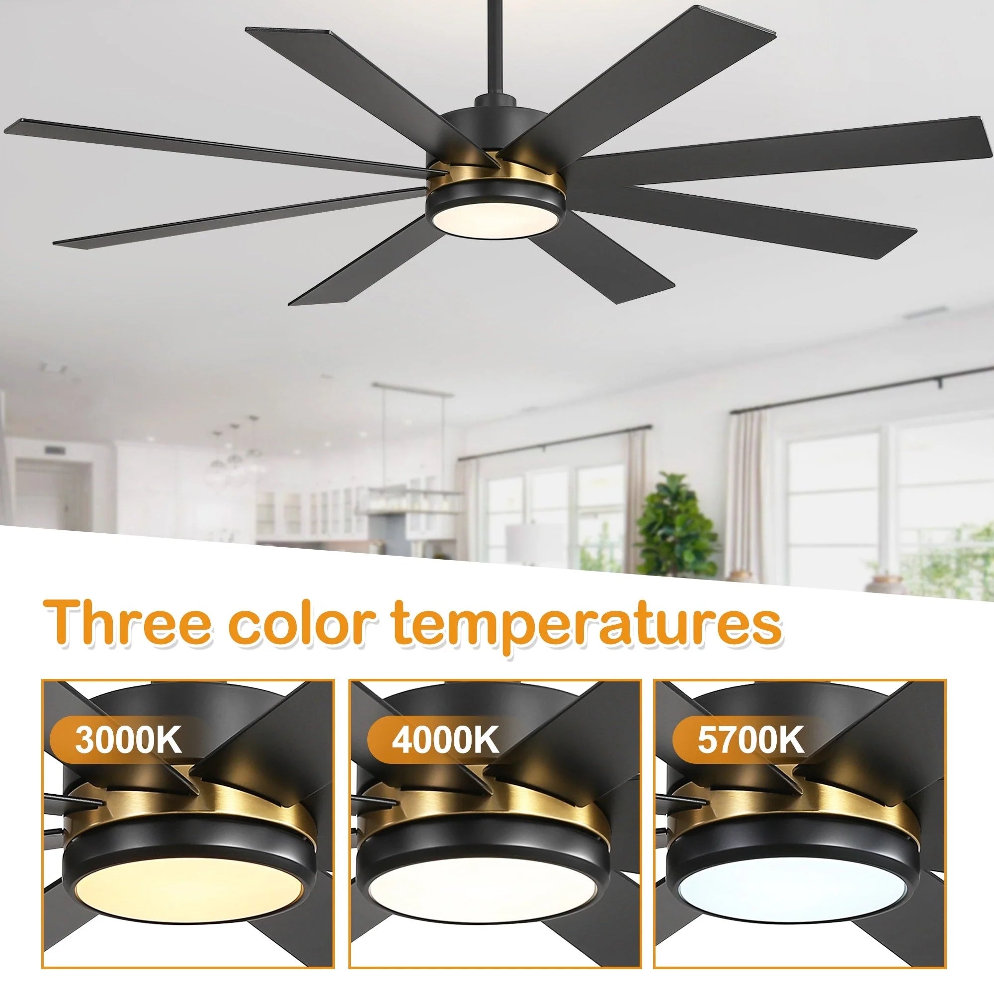 Ventilatore da soffitto nero da 65 pollici a 8 pale con luce LED e telecomando
