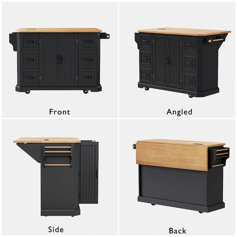 Isola Cucina Espandibile con Ante a Scomparsa, Carrello Cucina su 4 Ruote con Presa Elettrica, Tavolo Isola Mobile con 2 Ante e 6 Cassetti