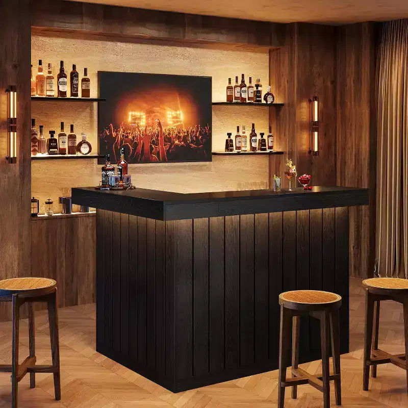 Mobile bar a L Lantine, tavolo da bar angolare a 4 ripiani con mensole e porta calici da vino per pub domestico