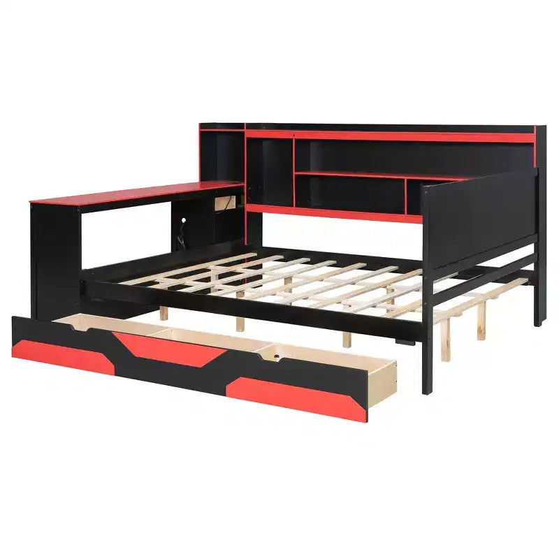 Daybed da gioco completo/queen size con testiera libreria, luci LED, scrivania integrata, cassetti e stazione di ricarica