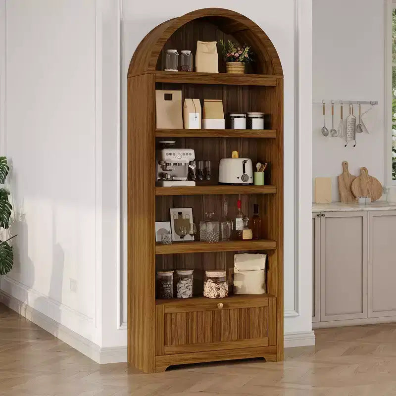 Libreria ad arco da 72 pollici con cassetto portaoggetti, mobile espositivo moderno a 6 ripiani in legno con ripiani aperti e cassetto inferiore, anta curva dell'armadio