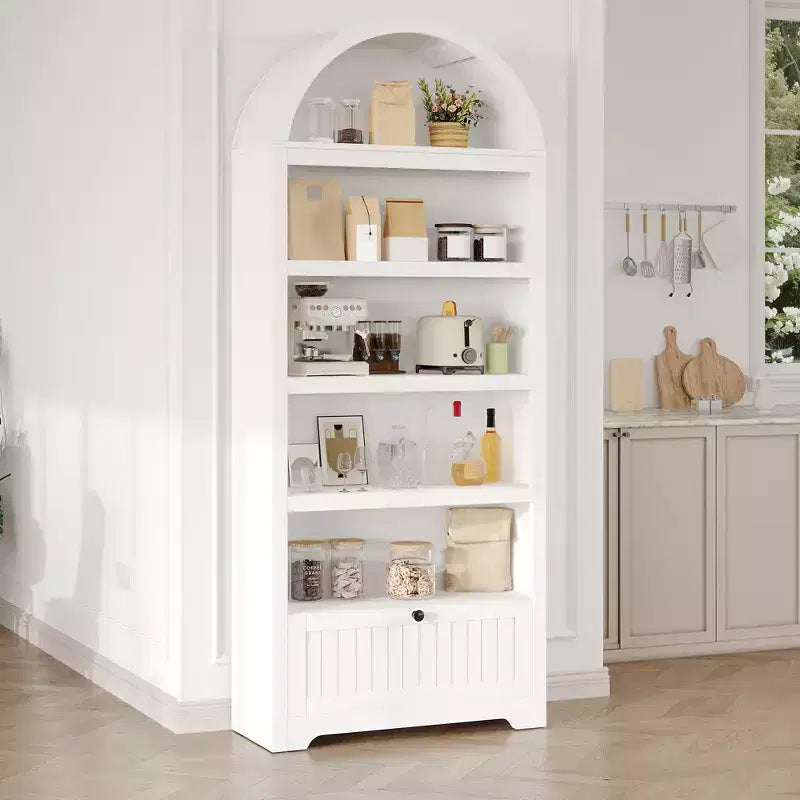 Libreria ad arco da 72 pollici con cassetto portaoggetti, mobile espositivo moderno a 6 ripiani in legno con ripiani aperti e cassetto inferiore, anta curva dell'armadio