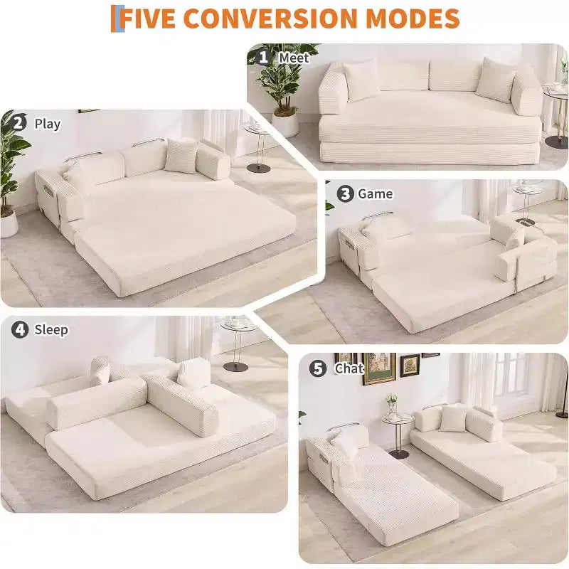 Divano Letto Convertibile 5-in-1, Divano Letto Modulare in Velluto a Coste da 78,8 Pollici con Struttura Robusta, Futon Multifunzionale per Piccoli Spazi, Soggiorno e Camera degli Ospiti
