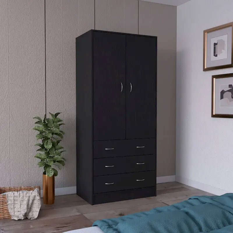 Armadio moderno a due ante con 3 cassetti e 1 bastone appendiabiti per camera da letto