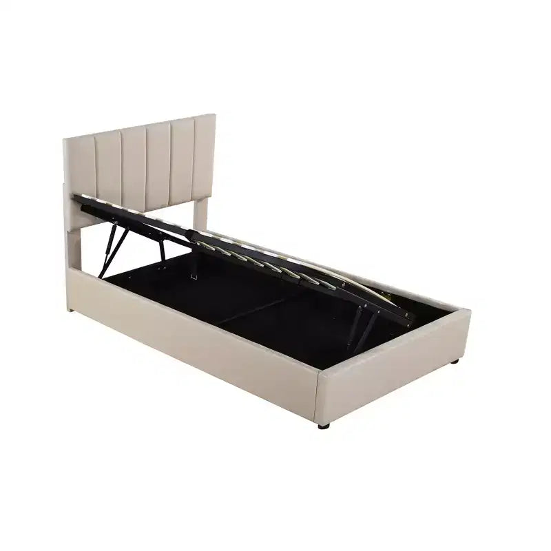 Bellemave Letto Matrimoniale Singolo con Contenitore a Sollevamento, Letto a Piattaforma Imbottito con Sistema di Contenitore Idraulico, Testiera a Strisce Verticali, Beige