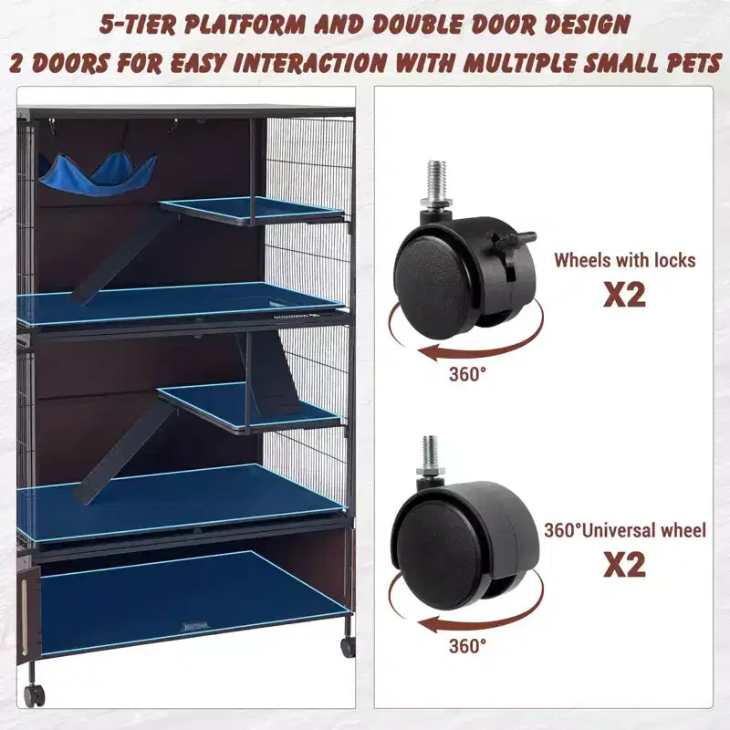Gabbia per animali di piccola taglia, Gabbia per furetti - Habitat a 5 livelli da 150 cm con mobiletto, include amaca/ruote/rampe rimovibili/vassoi facili da pulire