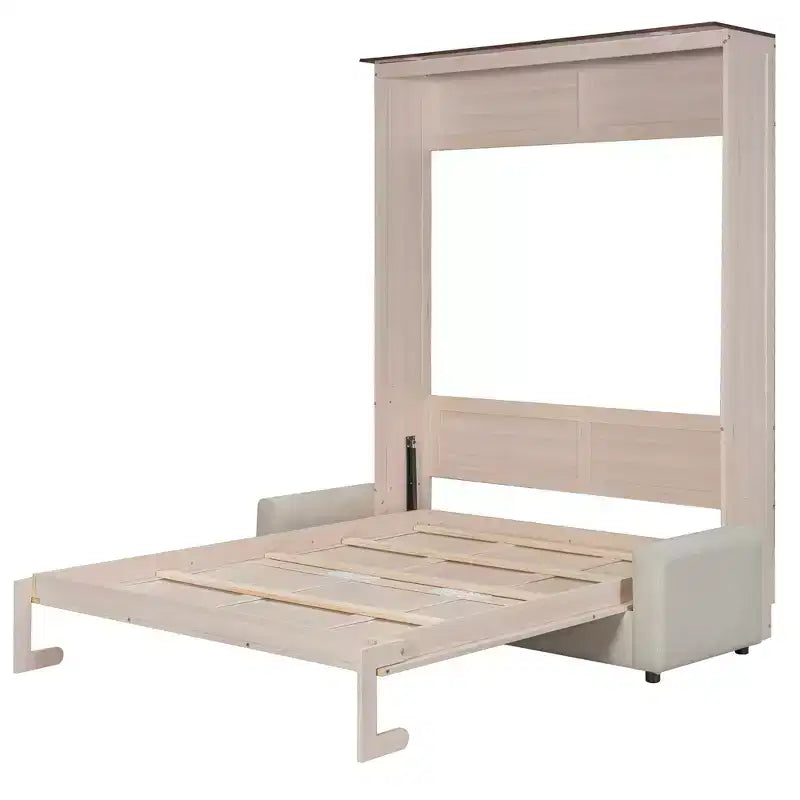 Letto a scomparsa Queen Size con divano, letto a scomparsa in legno Queen con luce LED, letto a cassapanca pieghevole con per camera degli ospiti, Beige