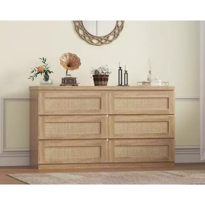 Cassettiera in Rattan per Camera da Letto con 6 Cassetti, Comò Largo Moderno in Stile Fattoria da 120 cm, Mobile Contenitore in Legno per Armadio, Soggiorno, Corridoio