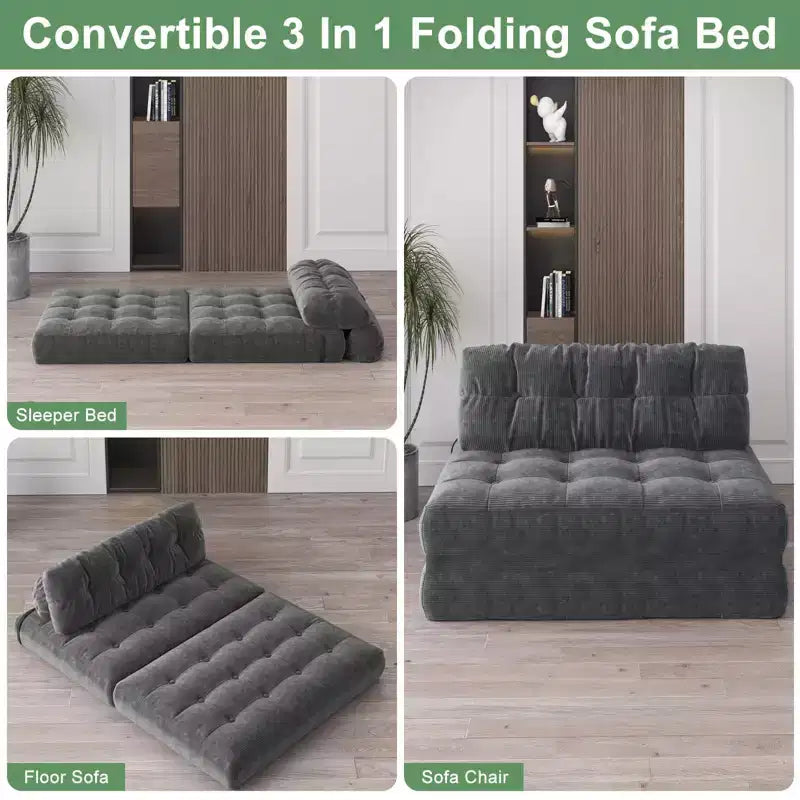 Canapé-lit futon pliant entièrement en velours côtelé, chaise de couchage convertible au sol avec oreiller et dossier