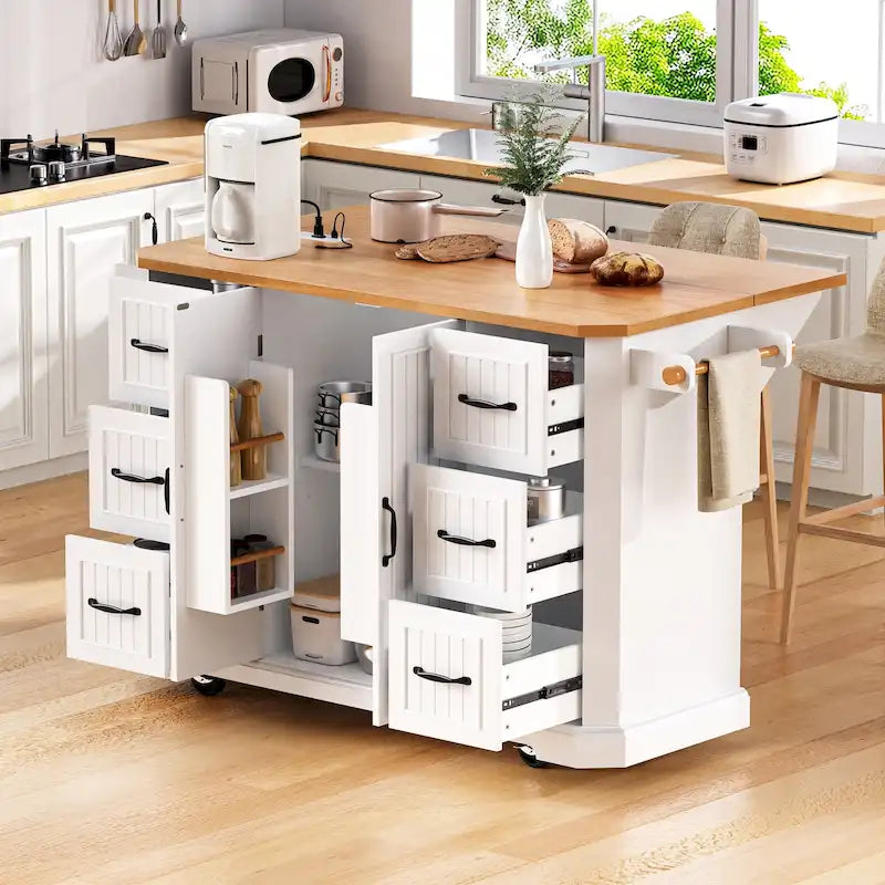 Isola Cucina Espandibile con Ante a Scomparsa, Carrello Cucina su 4 Ruote con Presa Elettrica, Tavolo Isola Mobile con 2 Ante e 6 Cassetti