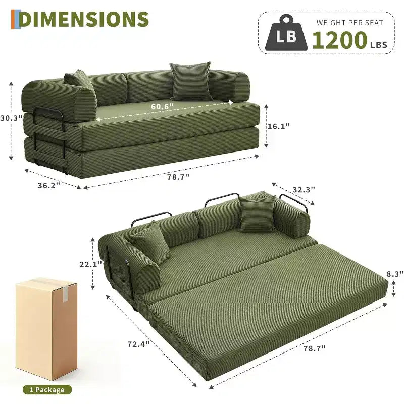 Divano letto convertibile 2 in 1, comodo divano letto pieghevole in velluto a coste con seduta profonda e ampi braccioli, divano senza struttura, per soggiorno, appartamenti