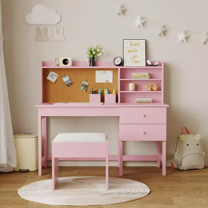 Set scrivania e sedia per bambini, tavolo da studio in legno con piano inclinabile regolabile, cassetti e bacheca in sughero - Set scrivania per lo studio dei bambini