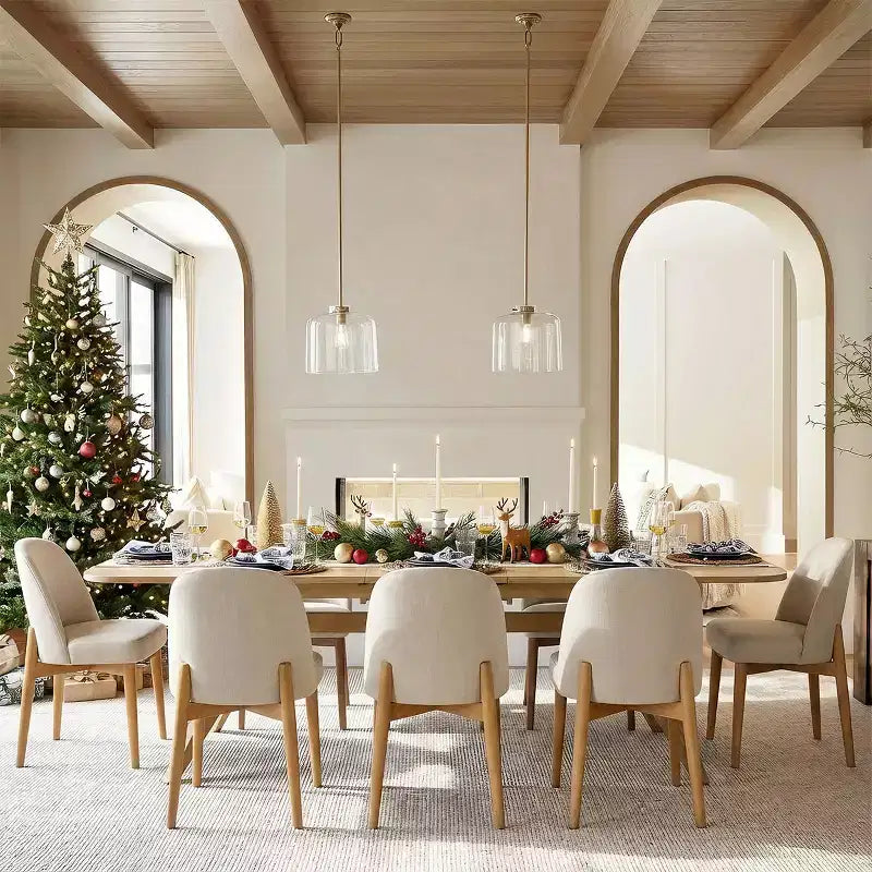 Set da pranzo 9 pezzi per 8 persone, tavolo allungabile con base a cavalletto e sedie imbottite con gambe in legno massello-Panipeachy