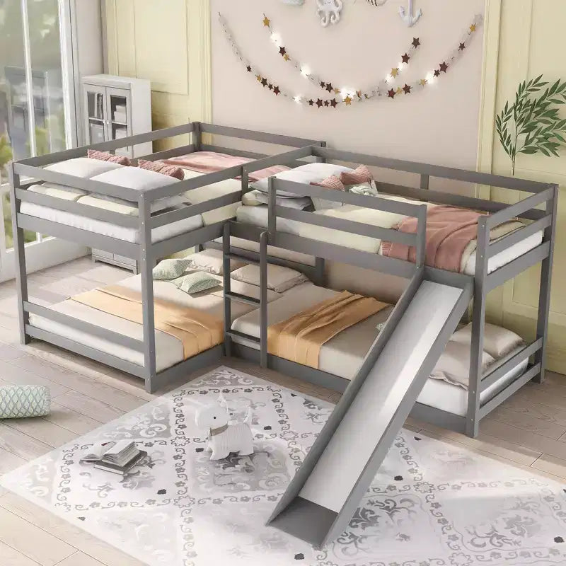 Letto a castello a L per 4 bambini, letto a castello quadruplo con scivolo, struttura in legno full e twin per cameretta dormitorio