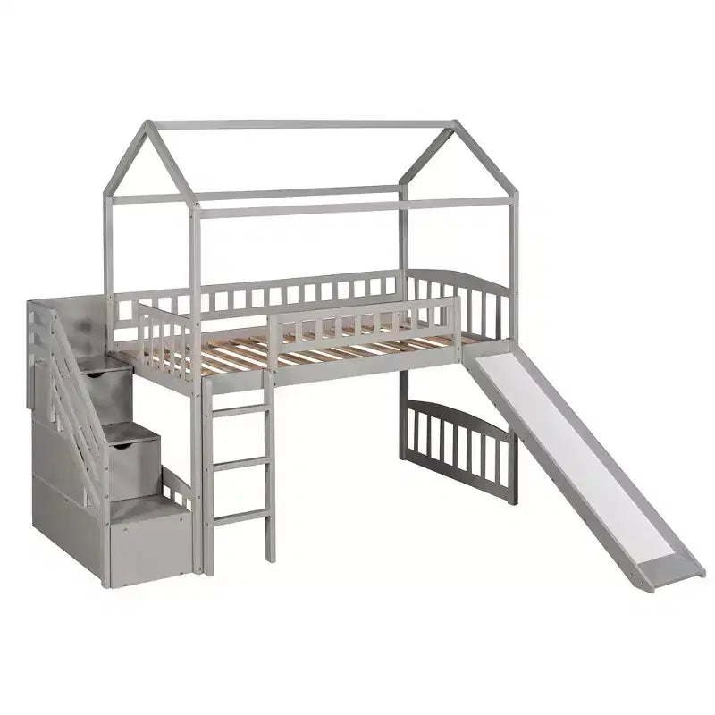 Letto a soppalco a castello con scivolo e scale, letto a soppalco con cassetti contenitori, letto a soppalco in legno a capanna per bambini e neonati