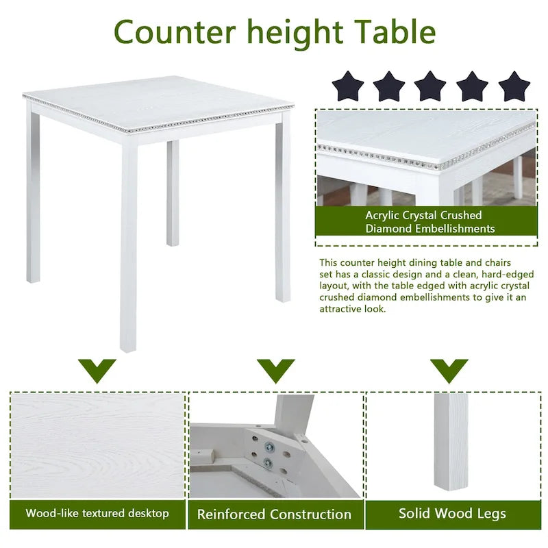 Set da pranzo moderno di 5 pezzi con tavolo quadrato ad altezza bancone e 4 sedie imbottite