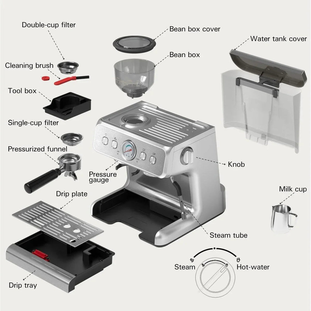 Macchina da Caffè Semi-automatica con Controllo Intelligente della Temperatura e Funzione Acqua Calda, 30 Impostazioni di Macinatura