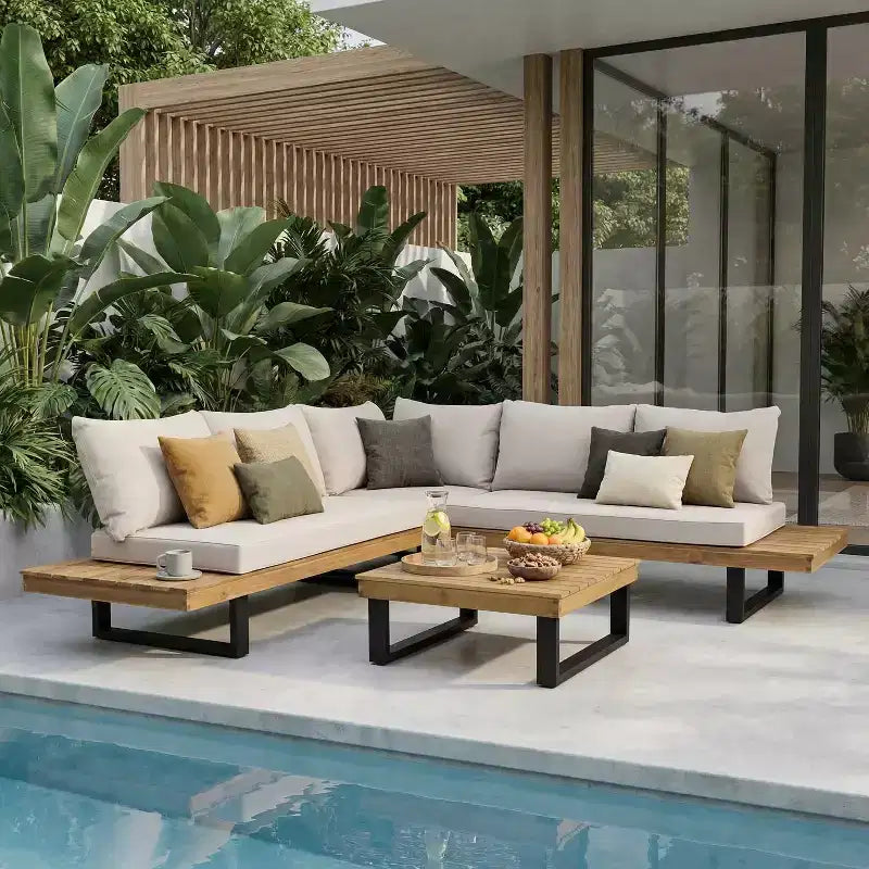 Set Divano Sezionale Esterno a L Patio da Giardino Set Lounge per il Tempo Libero con Tavolino da Caffè e Cuscino Resistente all'Acqua - ModernLuxe