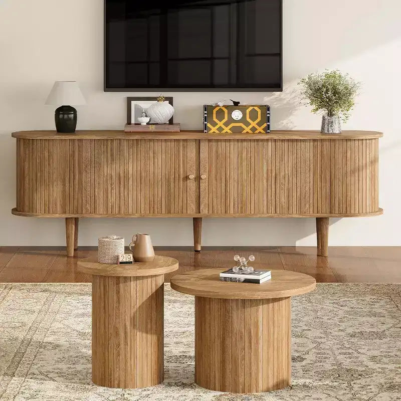 Mobile TV AMERLIFE 70 con gambe in legno massello, Consolle TV moderna di metà secolo con anta a tamburo