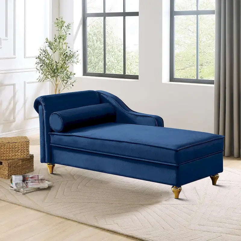 Sedia lunga da salotto francese elegante in velluto imbottito con cuscino e vano portaoggetti