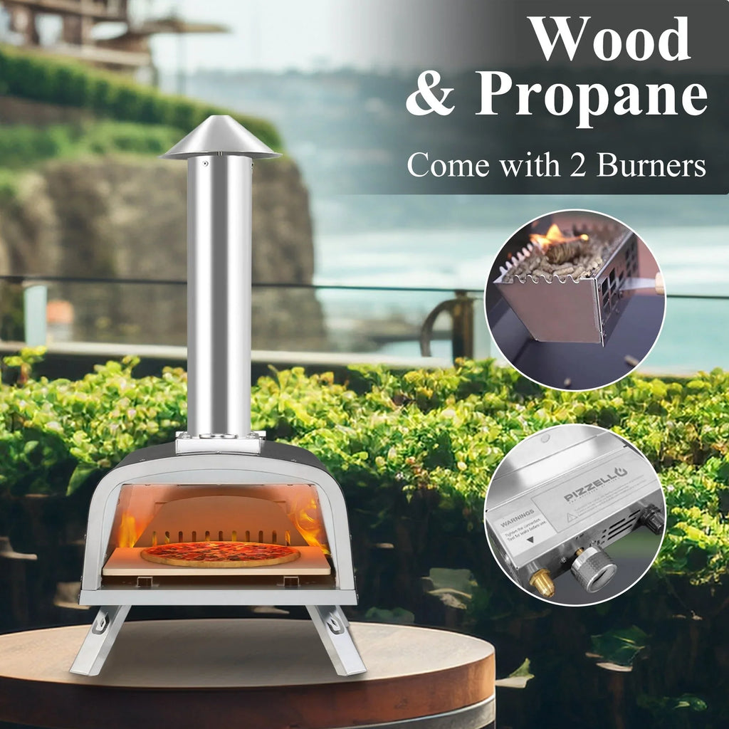 Forno per pizza da esterno multifuel per pizza con bruciatore a gas e contenitore per legna - 12 pollici
