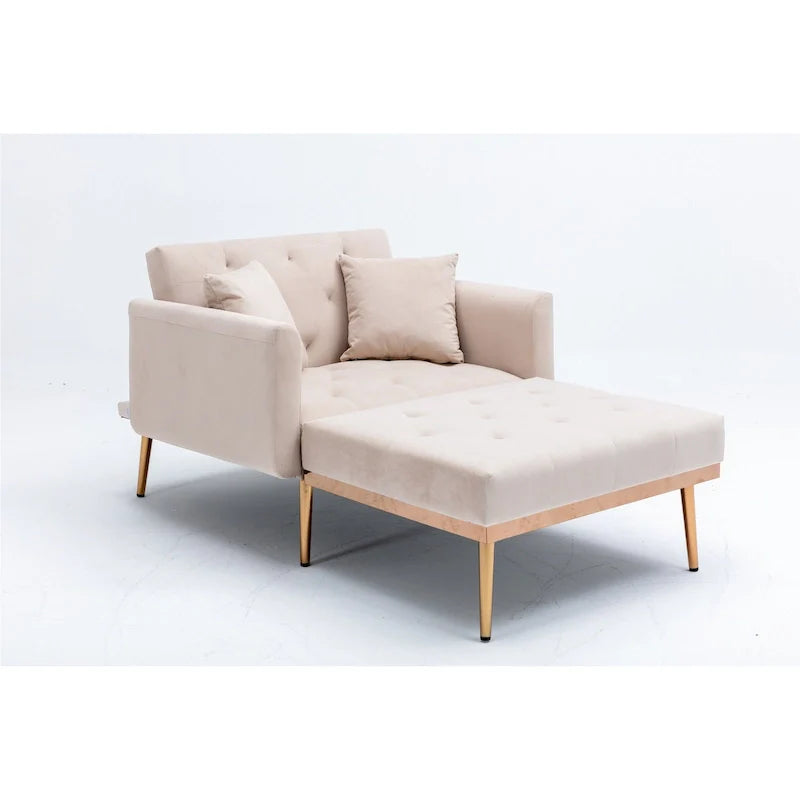Divano letto-poltrona in velluto trapuntato con piedini color oro rosa per salotto