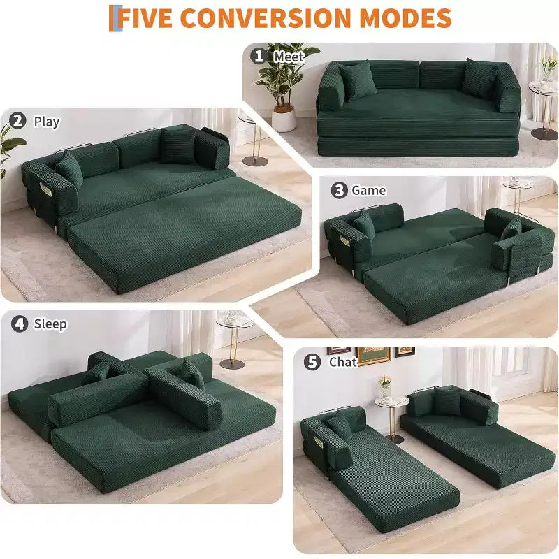 Divano Letto Convertibile 5-in-1, Divano Letto Modulare in Velluto a Coste da 78,8 Pollici con Struttura Robusta, Futon Multifunzionale per Piccoli Spazi, Soggiorno e Camera degli Ospiti